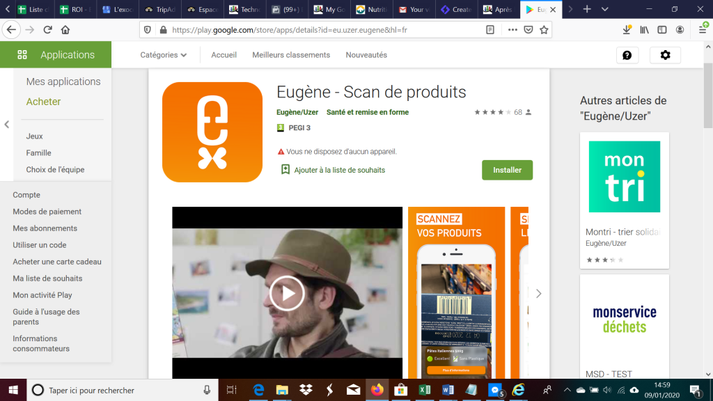 c'est l'interface de l'application eugène scan de produits
