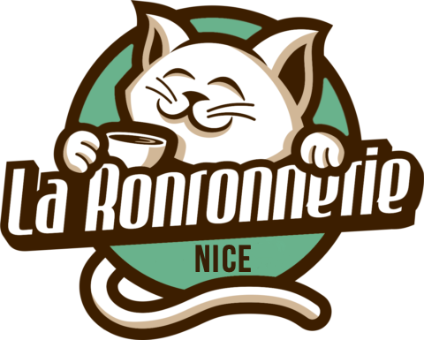 Logo de la Ronronnerie composé d'un chat blanc buvant un café